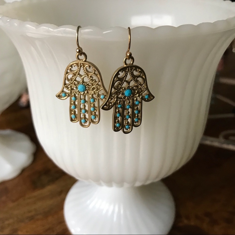 New Turquoise and Brass Hamsa Earrings
